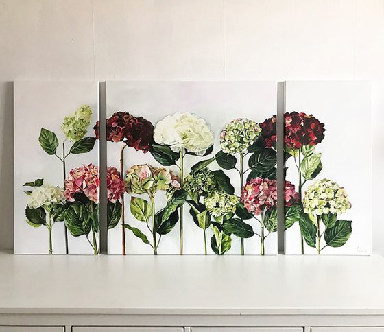 Triptych oil painting "Clouds of hydrangeas" 140 * 70 cm