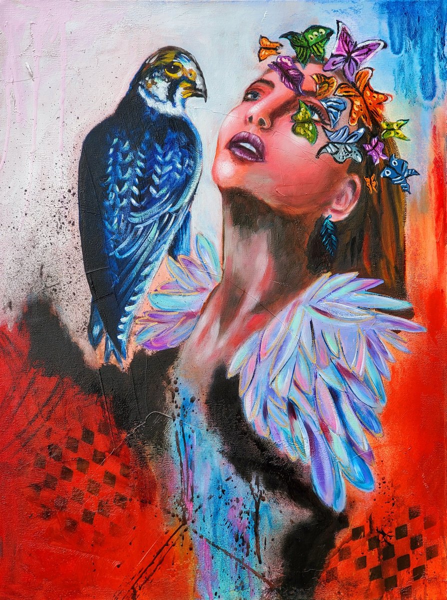 Impressionistic Portrait Oil Painting By Niyati Jiwani, 18 X 24", Feathered Friend, Original Artwork