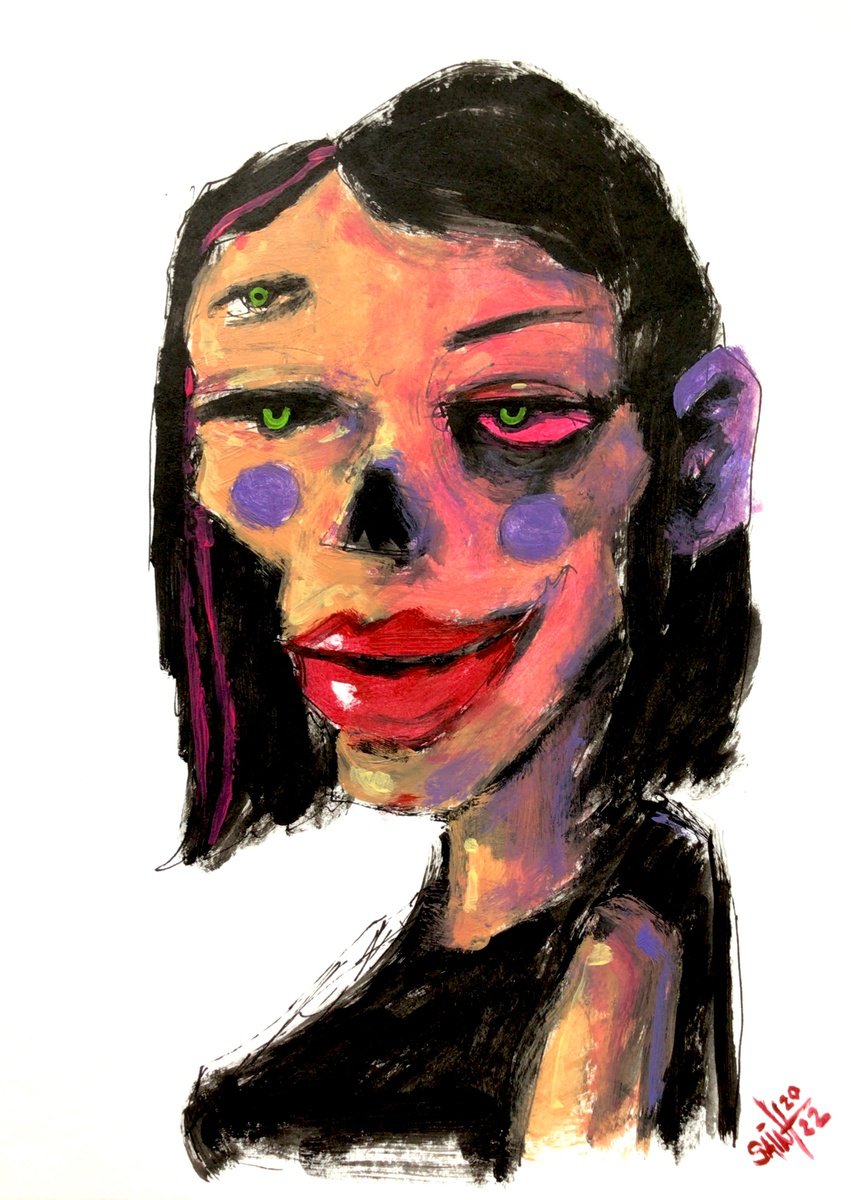 #72 Fashion girl Zombie portrait painting original art, Horror Naive Outsider Folk Art Bru... by Ruslan Aksenov