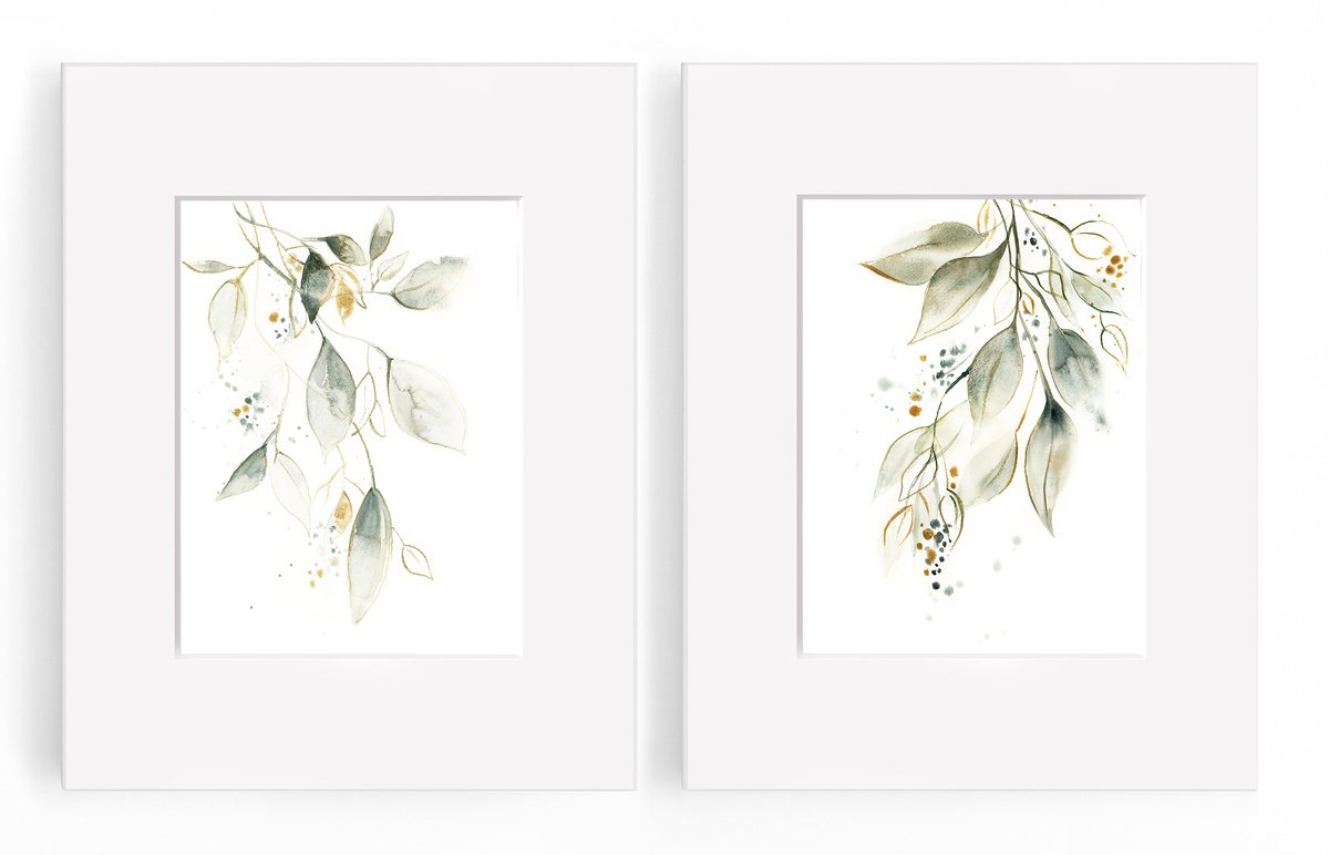 Leaf botanical in pale green and gold watercolor painting 2 set by Sophie Rodionov