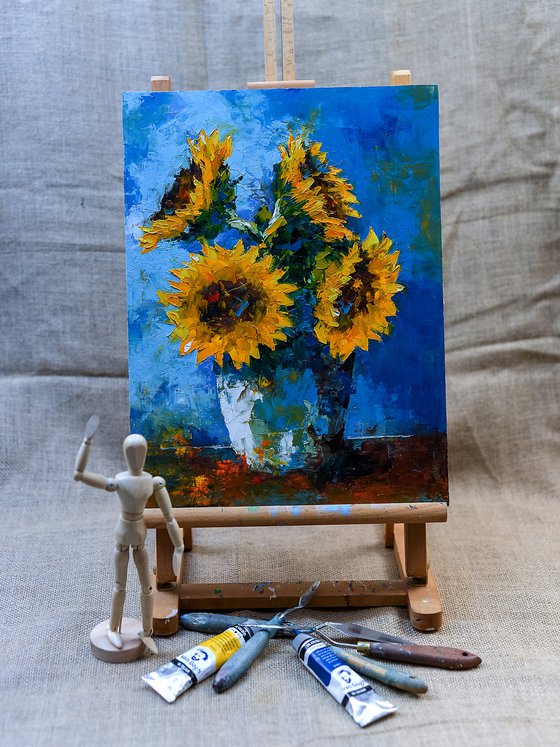 Sunflowers still life painting. Sunflowers in vase