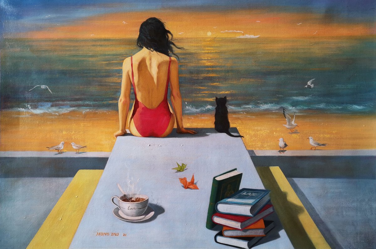 Oil painting-Watch the sunrise with my cat by Hongtao Huang