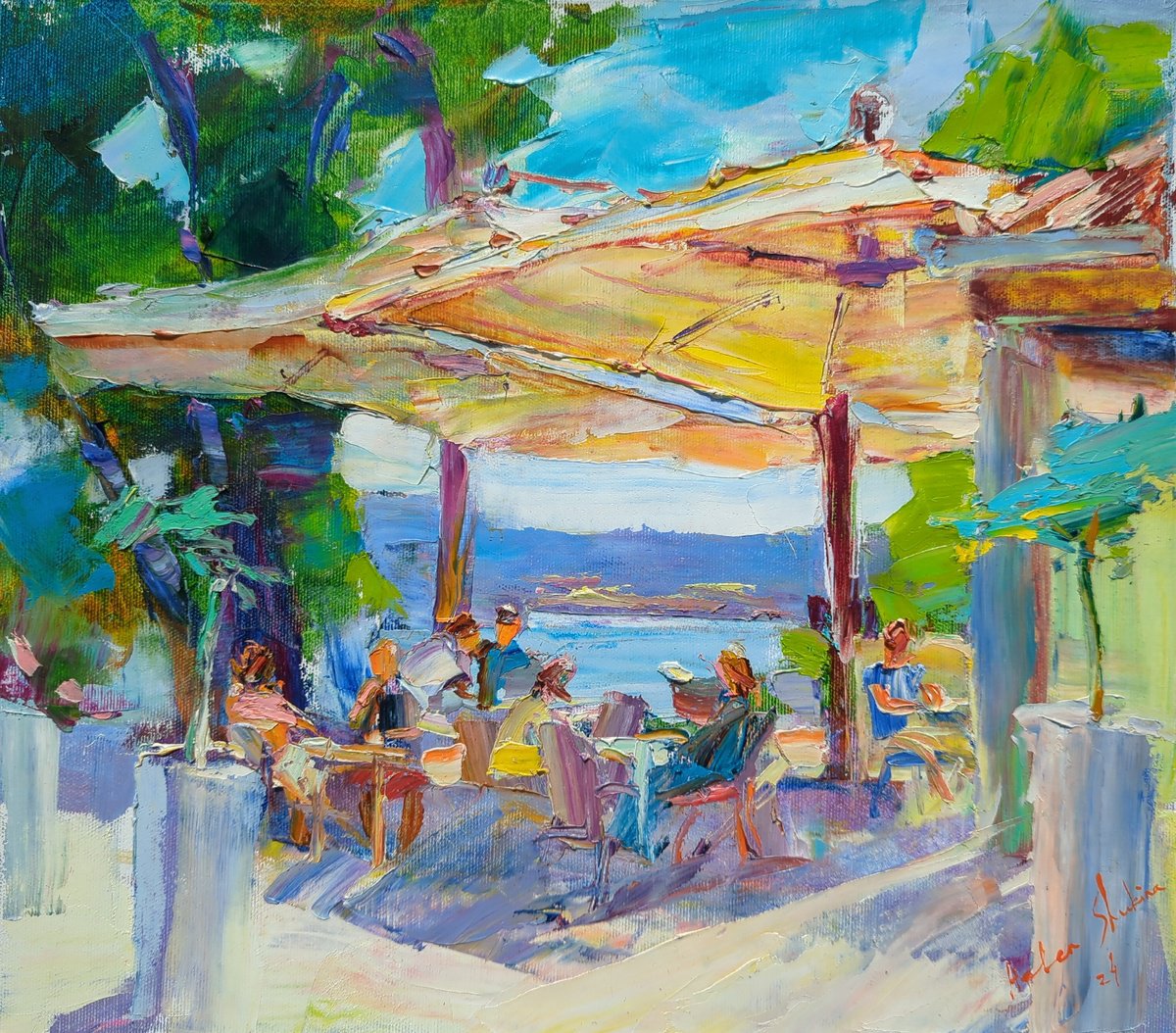 Impressionistic Landscape Oil Painting By Helen Shukina, 16 X 14, Summer Impressions . Cafe, Original Artwork