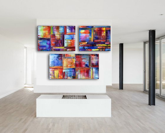 "Triplets" - Save As Series - Original Extra Large PMS Abstract Triptych Oil Paintings On Canvas - 66" x 48"