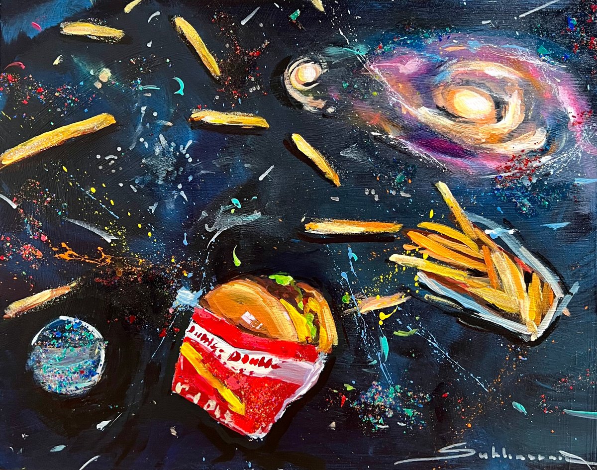 Impressionistic Abstract Acrylic Painting By Victoria Sukhasyan, 14 X 11", In-N-Out Burger In The Space, Original Artwork