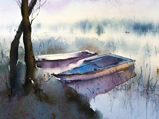 Quiet evening on the lake. Original watercolor picture.