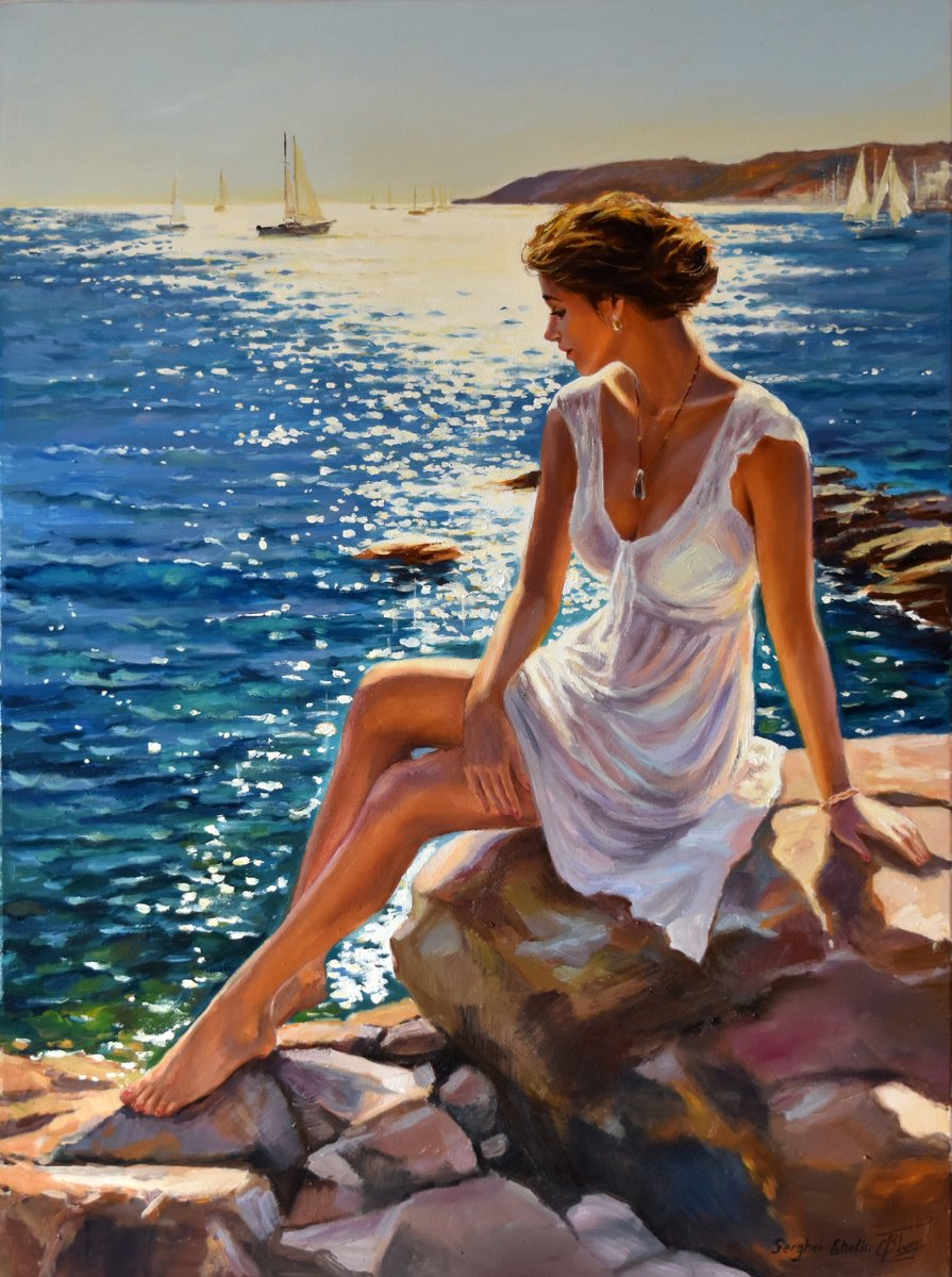 Photorealistic Portrait Oil Painting By Serghei Ghetiu, 24 X 31", The Mediterranean Noon Iii, Original Artwork
