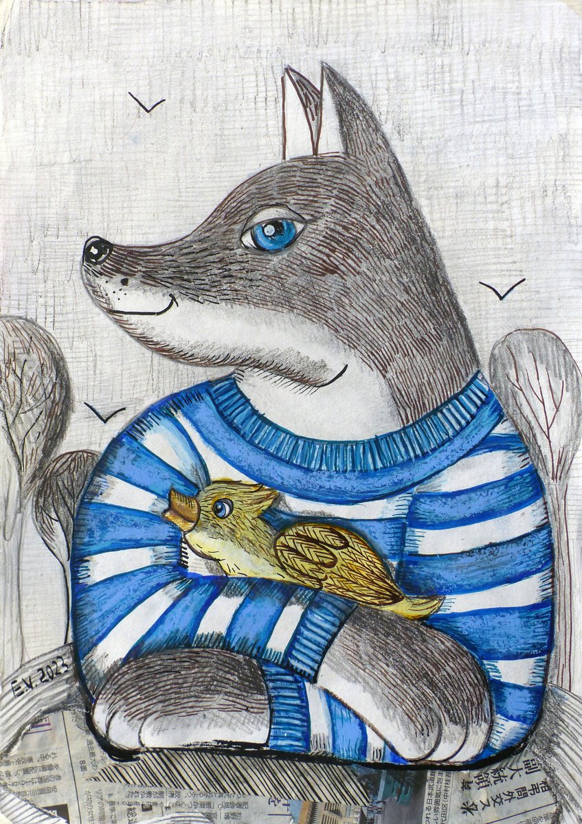 Graphic Animal Painting By Elizabeth Vlasova, 12 X 16, Sailor With Duck, Original Artwork