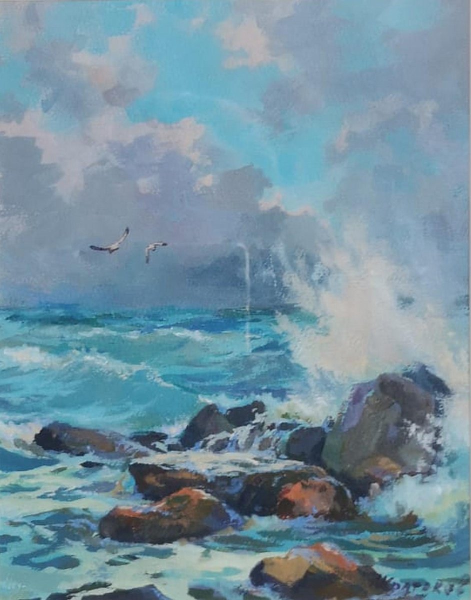 Impressionistic Landscape Acrylic Painting By Alexander Koltakov, 8 X 10, Ocean Breeze, Original Artwork