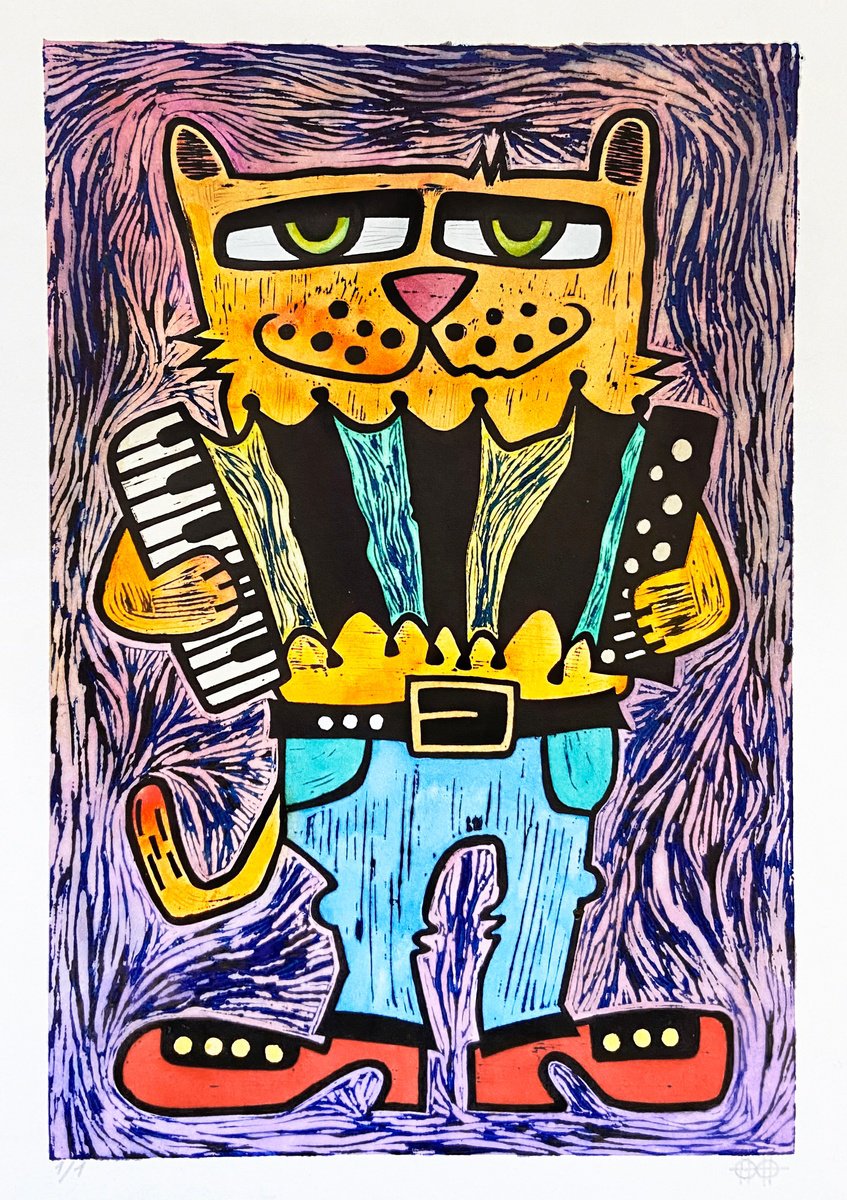 Animal Linocut By Nikita Ostapenco, 11 X 15", ?at With Accordion, Color #2, Original Artwork
