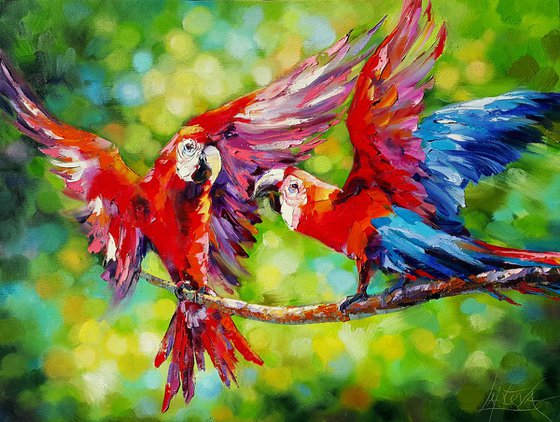 Parrots - oil original painting palette knife on canvas