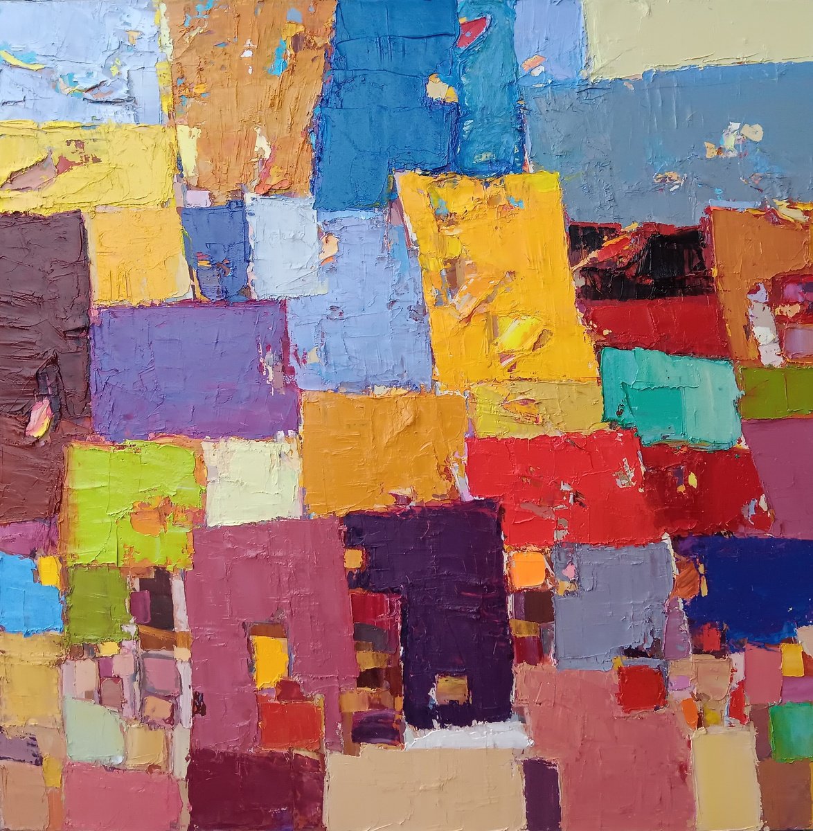 Abstract Landscape Oil Painting By Ruslan Khais, 36 X 36", Farmland, Original Artwork