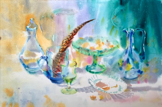 Still life of glass decanter and different glass dishes on a table. Original still Life in watercolor. (2020)