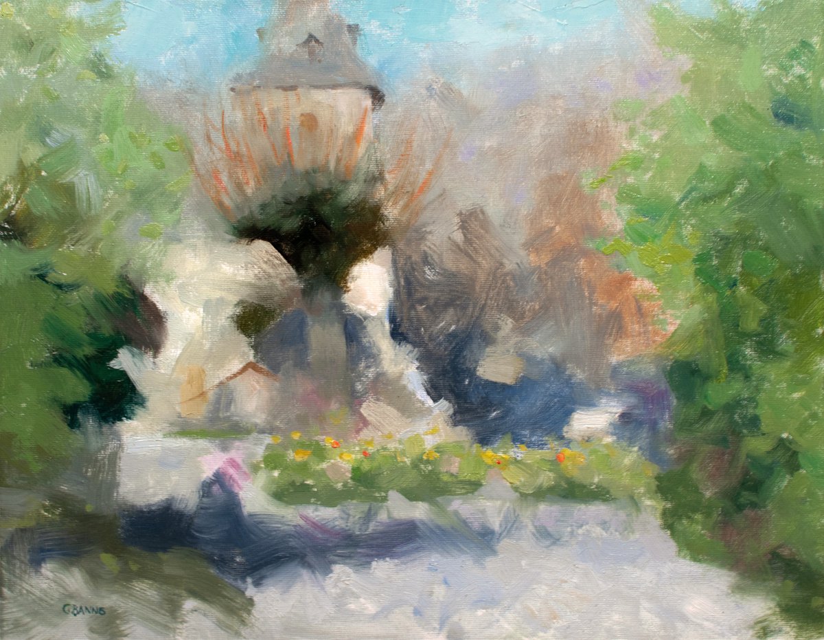 Countryside Chapel, quaint village in rural France - Abstract Realism by Gav Banns