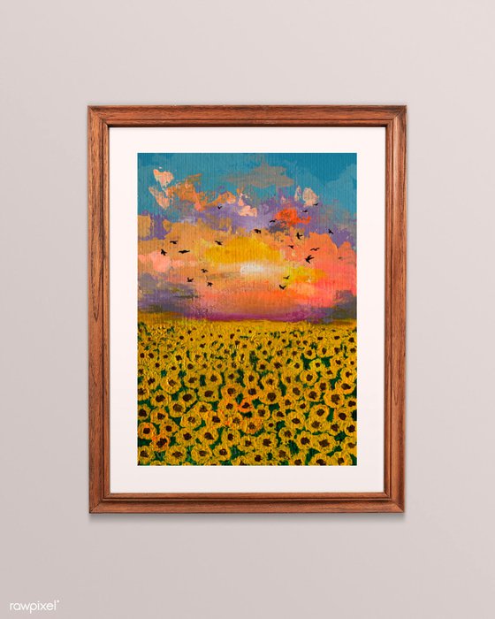 Sunset at sunflower fields  ! Abstract impressionism art! Painting on paper