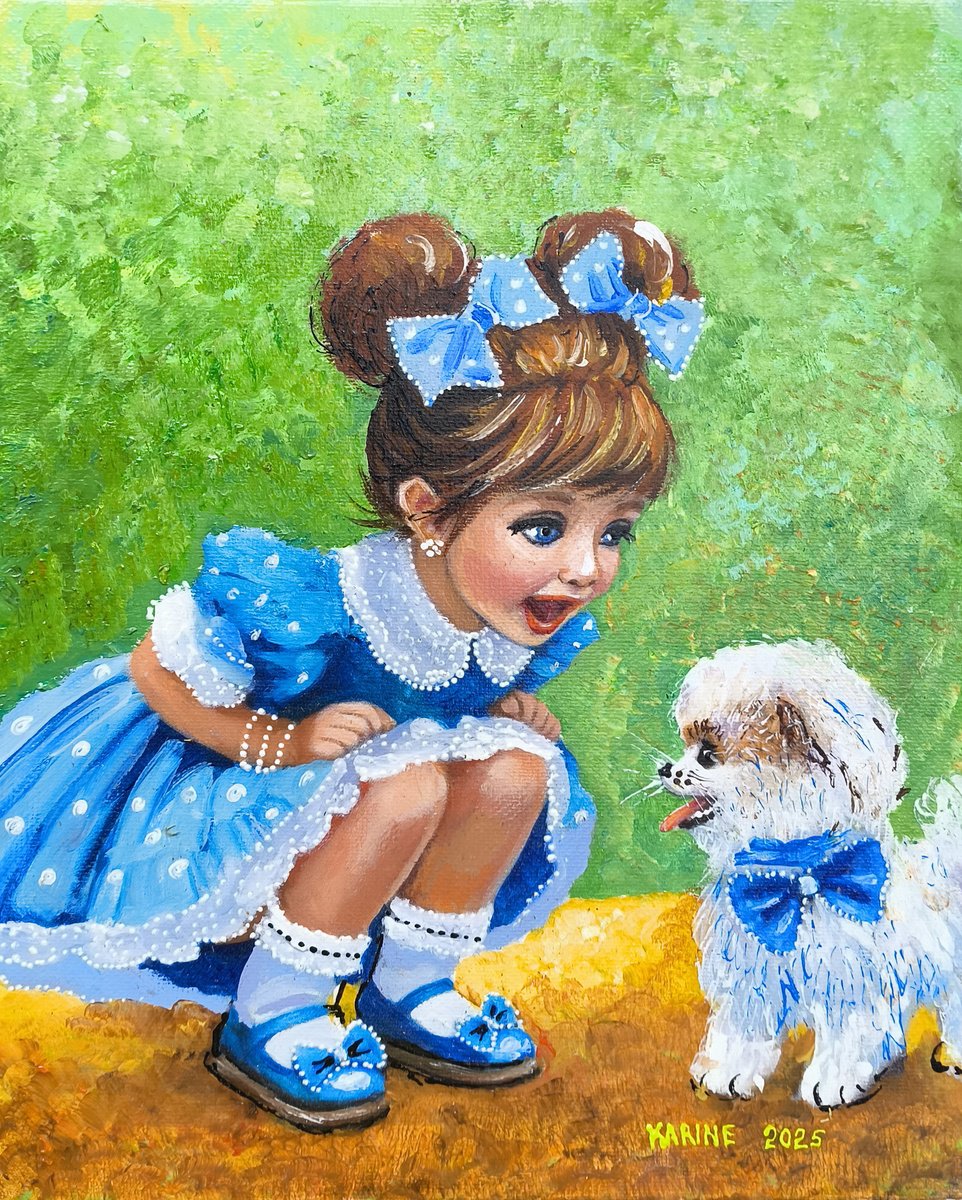 Impressionistic Portrait Oil Painting By Karine Harutyunyan, 9 X 12", Innocents In Blue, Original Artwork