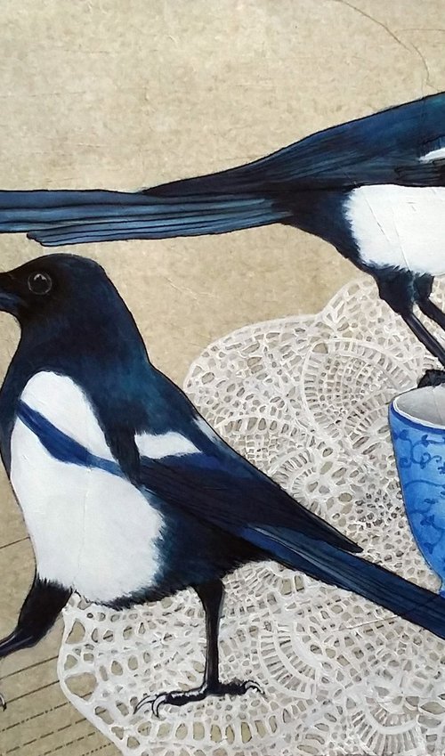 Garden party  ( magpies, tea and biscuits mixed media painting ) by Carolynne Coulson