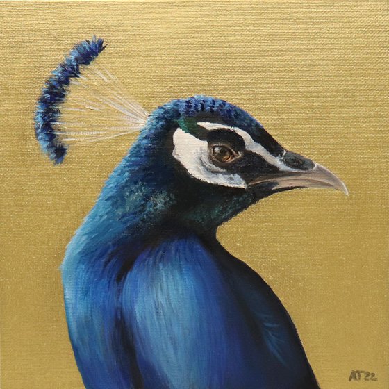 Peacock Portrait Original Oil Painting, Bright Blue Bird Painting with Gold Backdrop, not Print