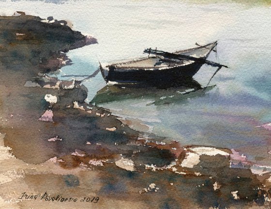 Boats original watercolor medium size with two boats