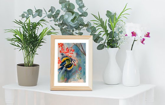 Chickadee Painting Bird Original Art Small Bluetit Original Watercolor Artwork Home Wall Art 7 by 10" by Halyna Kirichenko