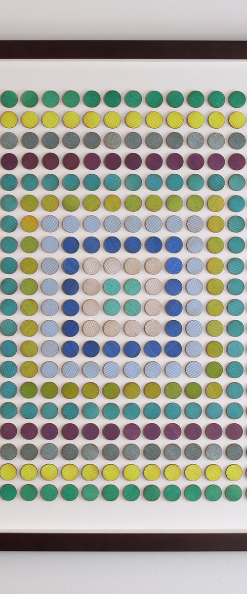 Abstract art wood dot collage 'concentric square of dots' by Amelia Coward