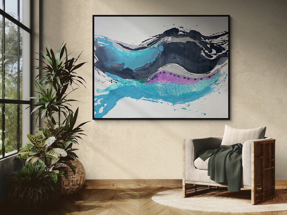 Organic Abstract Acrylic Painting By Nataliia Karavan, 48 X 36", Blue Wave, Original Artwork