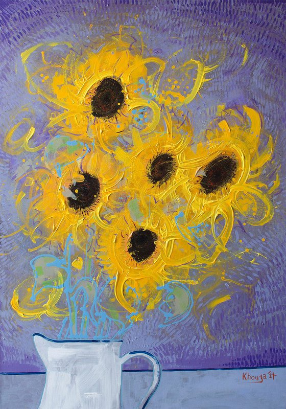 Vase of Sunflowers expressive large oil painting by Faisal Khouja
