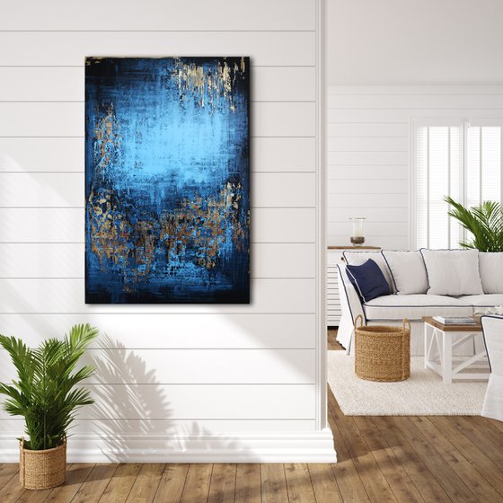 MIDSUMMER NIGHT - 120 x 80 CM - TEXTURED ACRYLIC PAINTING ON CANVAS * GOLD BLUE