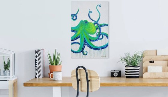 Large Abstract Octopus Painting. Acrylic painting on canvas. Ocean Animals Painting 61x91cm.