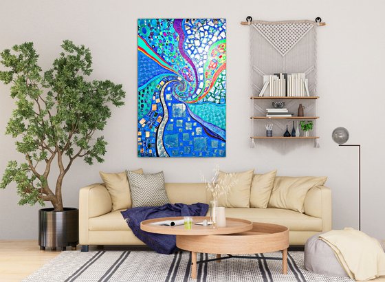 Large turquoise blue abstract painting. Vivid spiral abstract sea \ ocean wave.