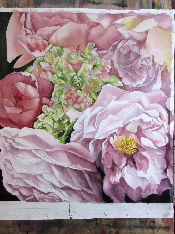 roses with hydrangea watercolor