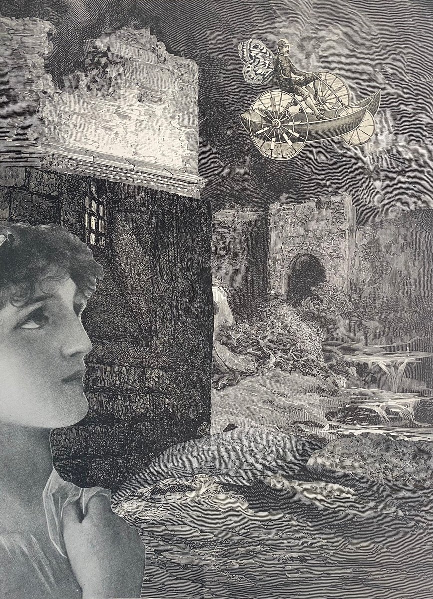 Surrealistic Portrait Collage By Tudor Evans, 7 X 10", Flying Machine Love, Original Artwork