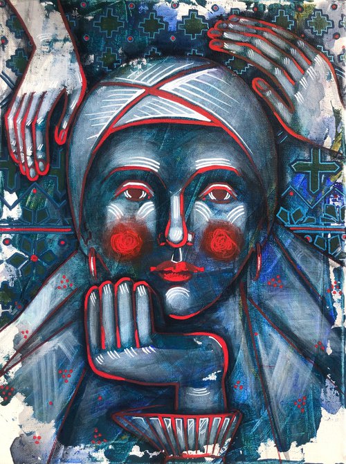 «ADMIRING» woman portrait painting | contemporary folk artist by Yuliia Chaika