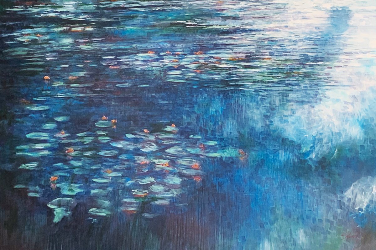 Impressionistic Landscape Acrylic Painting By Stuart Roy, 59 X 39", Water Lillies Iii, Original Artwork
