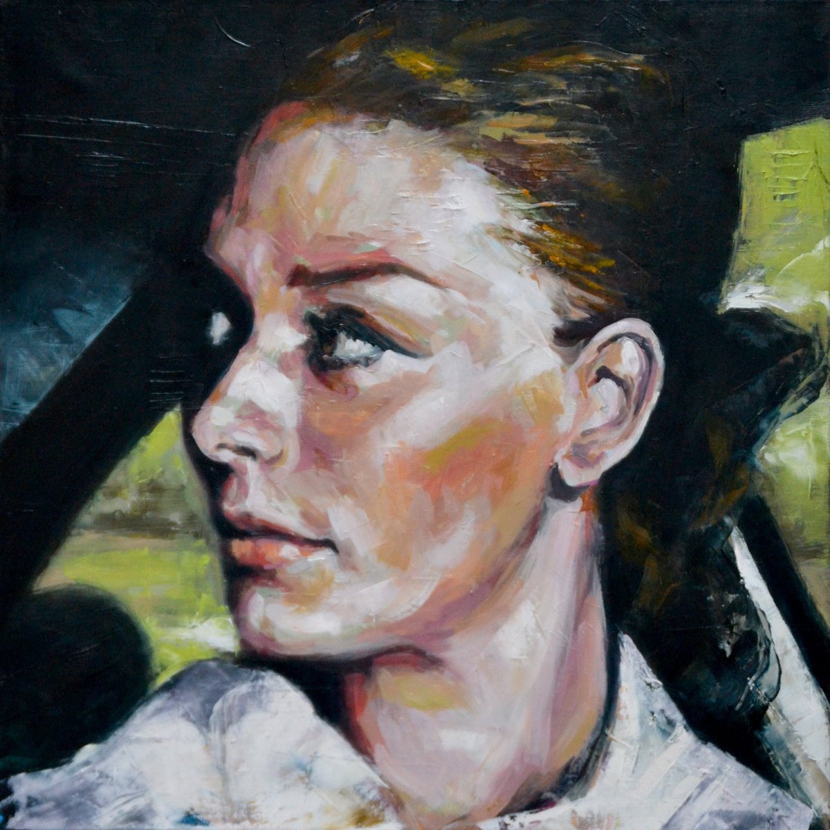 Expressive Portrait Oil Painting By Sal Jones, 24 X 24", I Was Aiming At Him, Original Artwork