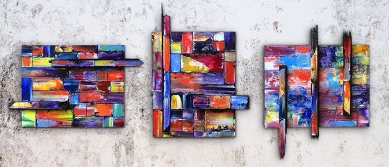 "The Pixel Variations" - FREE USA SHIPPING - Original Triptych PMS Mixed Media Sculptural Paintings On Wood, Framed -  65 x 26 inches