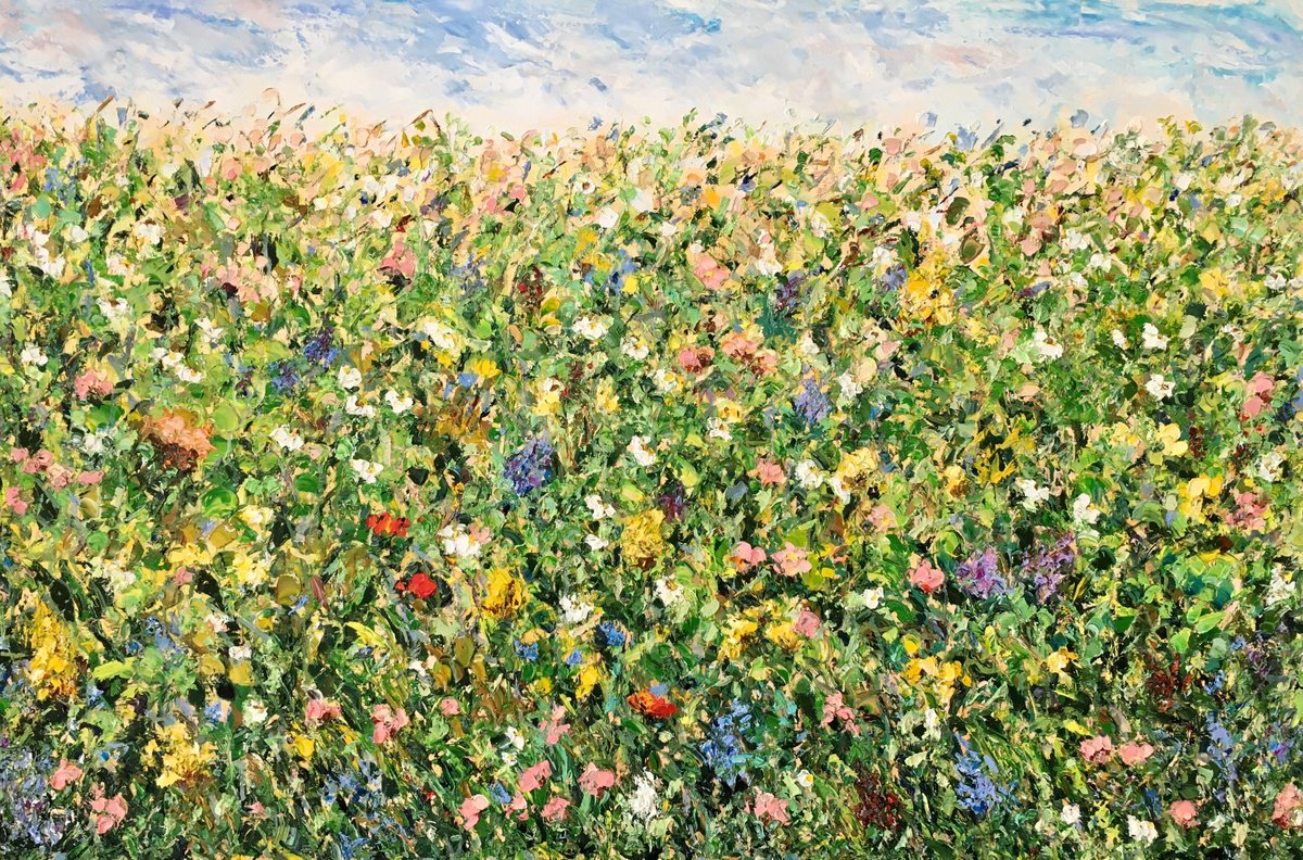Abstract Botanical Oil Painting By Vilma Gataveckien?, 47 X 31", Colorful Flowers Field, Original Artwork