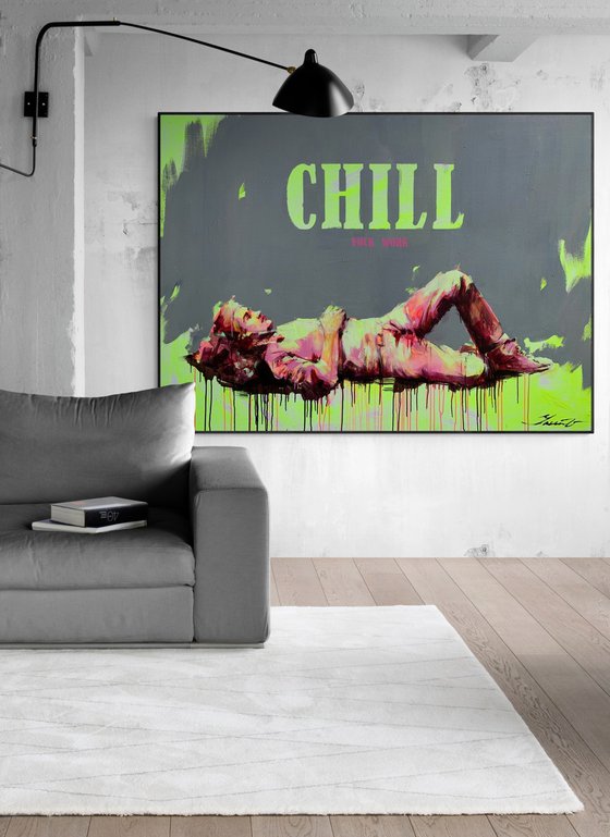 XXXL Bright Painting - "CHILL" - Expressive - Man - Portrait - Pop Art - Grey&Pink - Huge artwork