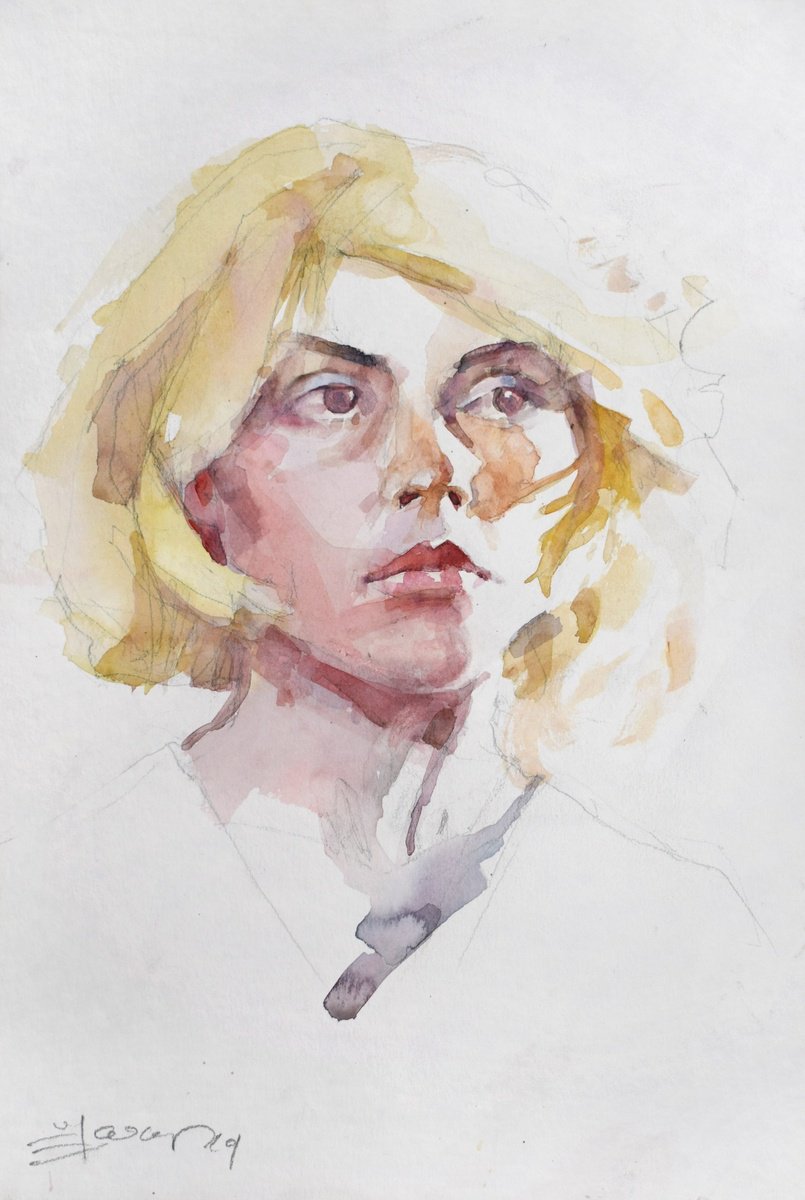 Expressive Portrait Watercolour By Goran Zigolic Watercolors, 14 X 20, Debbie, Original Artwork