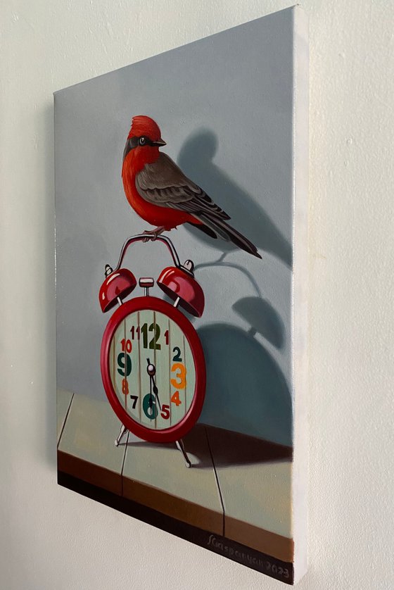 Still life with bird and clock (24x35cm, oil painting, ready to hang)