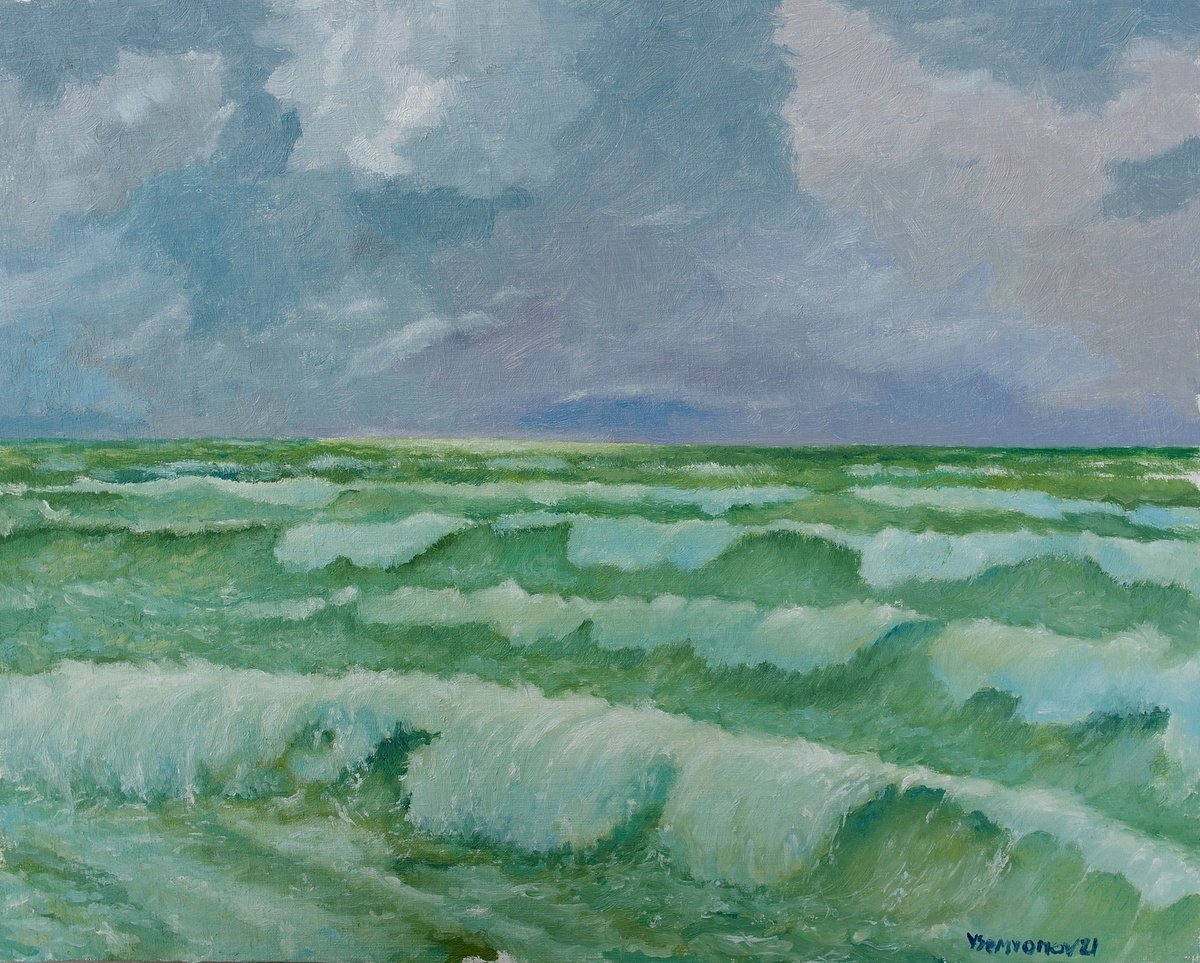 Impressionistic Landscape Oil Painting By Juri Semjonov, 20 X 16", Sea Stories - Green Sea Waves., Original Artwork