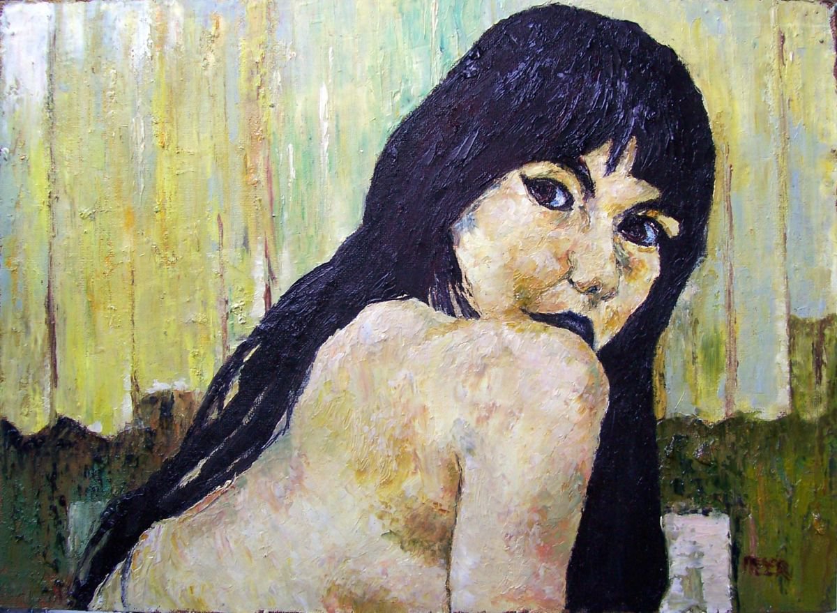 Expressive Portrait Oil Painting By Richard Meyer, 30 X 23", Model Looking Over Right Shoulder, Landscape Format, Artfinder