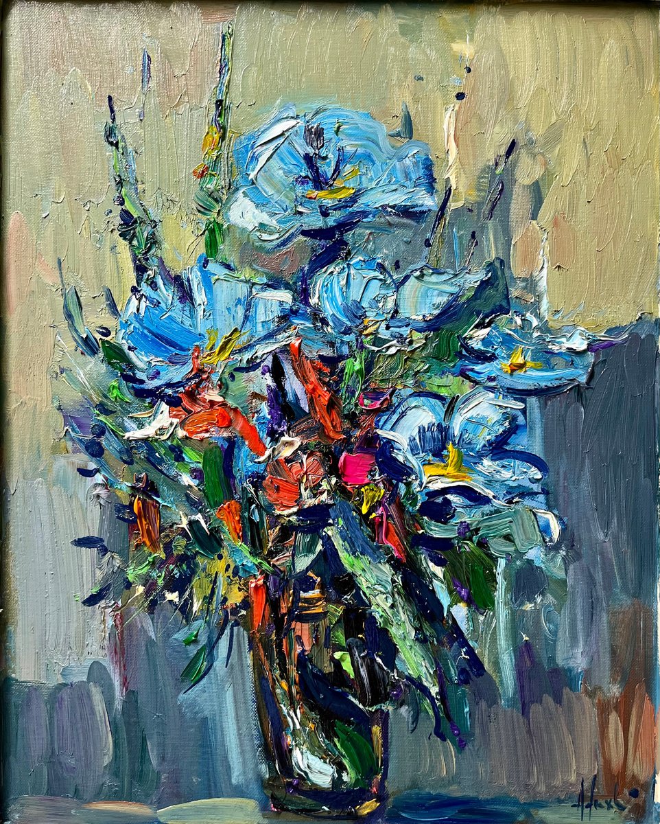 Expressive Botanical Oil Painting By Altin Furxhi, 24 X 28, Abstract Flowers Azure, Original Artwork