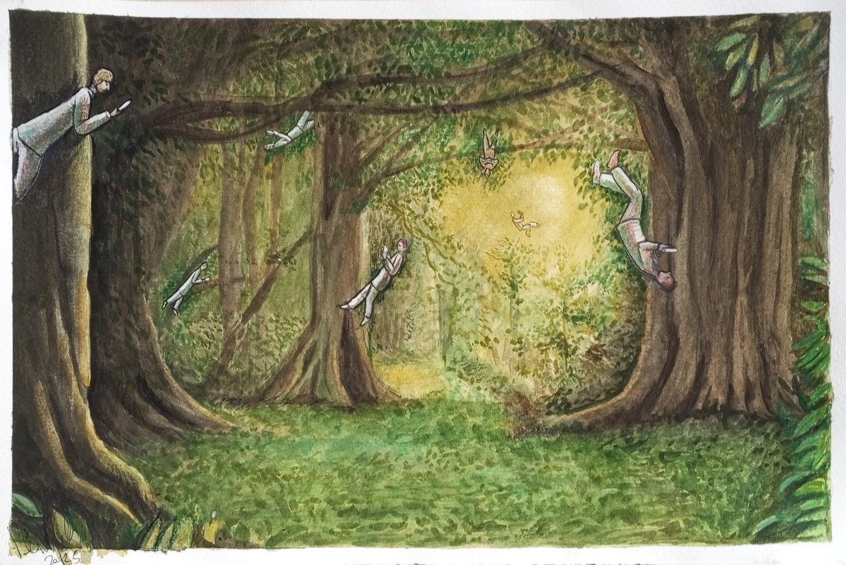 Illustrative Landscape Pastel Drawing By Paolo Beneforti, 12 X 8", Forest Of The Flying Readers, Original Artwork