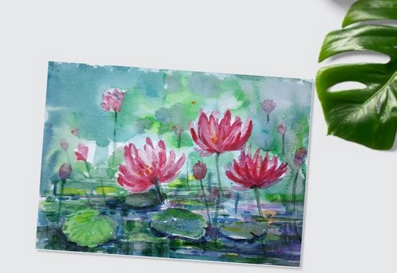 Lotus Pond 3 with Red lotus