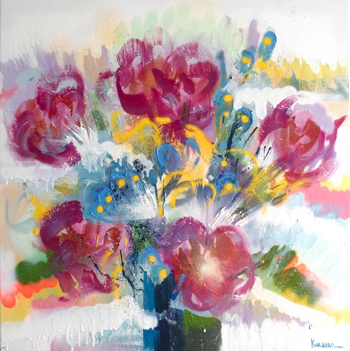 Abstract Botanical Oil Painting By Nataliia Karavan, 30 X 30", Flirt With Me, Original Artwork