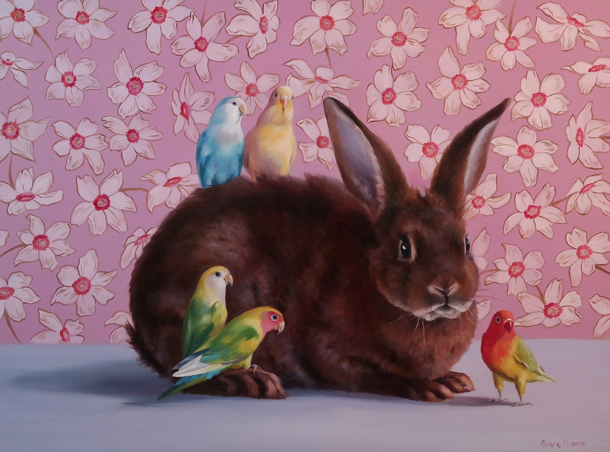 Illustrative Animal Oil Painting By Lena Vylusk, 31 X 24", "Merry Company", Original Artwork