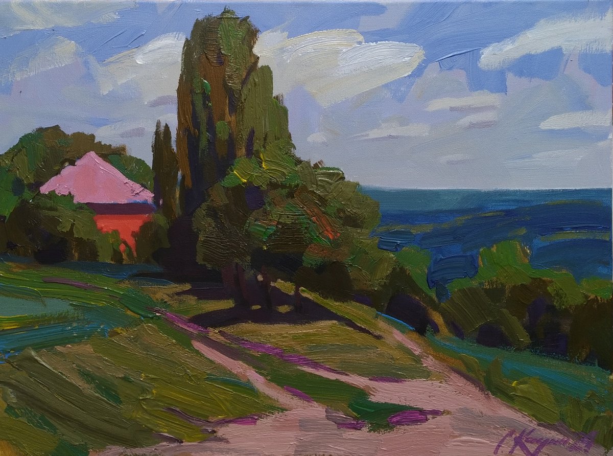 Impressionistic Landscape Acrylic Painting By Sergey Kachin, 24 X 18", Noon, Original Artwork