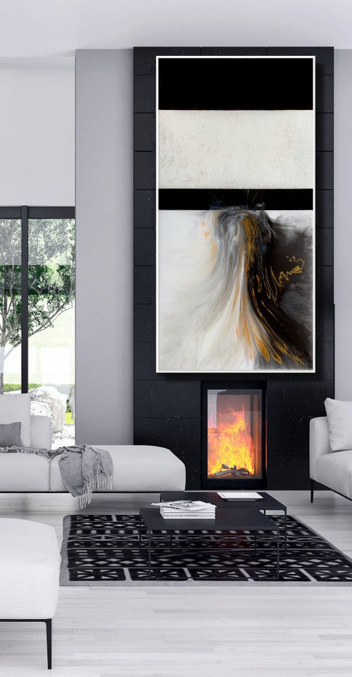 Dance Into Destiny - XL LARGE;  BLACK, WHITE & GOLD ABSTRACT ART;  RESIN CONTEMPORARY MODERN PAINTING. READY TO HANG! by Julijana Ravbar