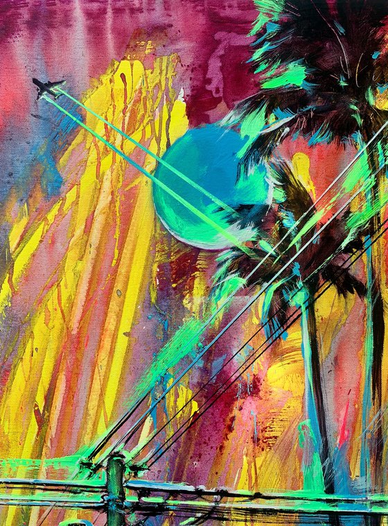 Bright Californian sunset - "Blue moon" - Palms - Urban art - Plane - Pole and Wires - Yellow - Pink - Blue